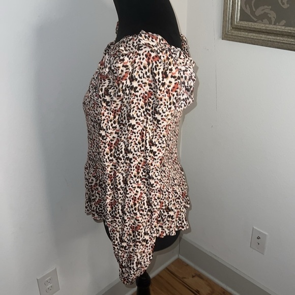 Gibson⭐️Latimer animal print brown tan hues smocked blouse long sleeves top Sz L - Picture 5 of 7